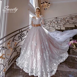 Luxury Wedding Dressembroidered Lace On Net With Princess Ball Gown Full Sleeve O-Neck Bride Customized Button Vestido De Novia