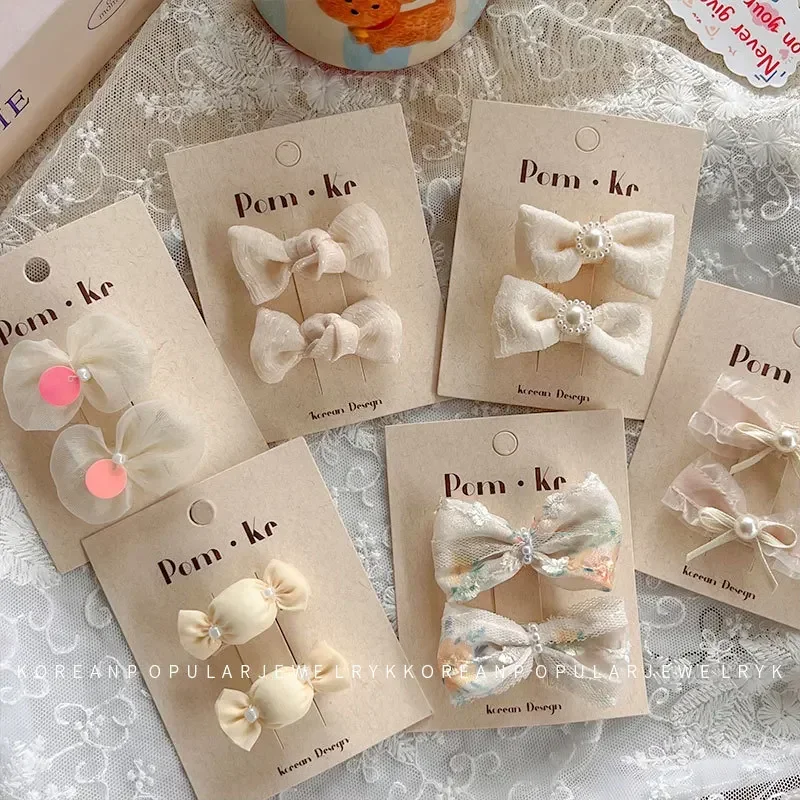 2pcs/set Sweet Princess Baby Girl Hair Clip Beige Color Lace Bow Candy Hair Pin for Toddler Full Fabric Kids Bang Side Clip