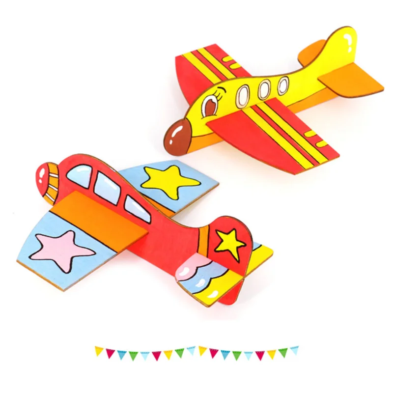 2Pcs/Set Children\'s DIY Blank Wooden Puzzle Aircraft Model Toys Fun Games Painting Graffiti Crafts Children\'s Toys