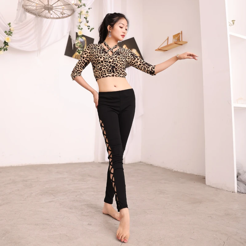 Dança do ventre leopardo impressão superior + calças finas roupas de prática feminina roupas elegantes dança oriental prática desempenho calças