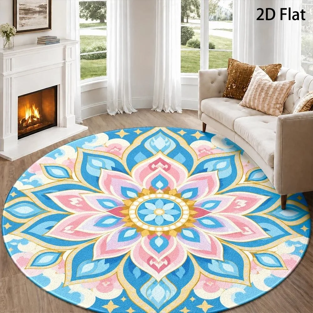 Dopamine Style Round Rug Colorful Printed Non‑Slip Floor Mat Household Carpet for Bedroom Living Room Dorm Interior Decoration