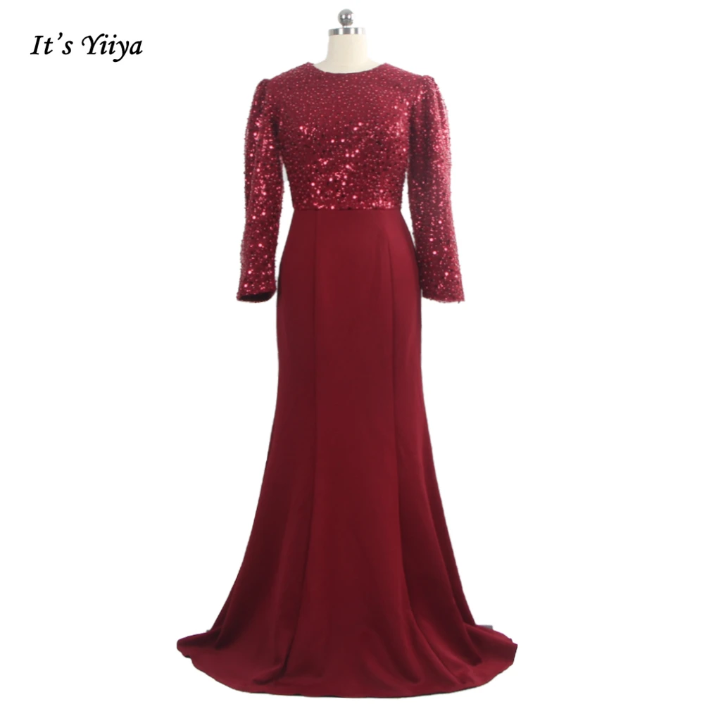 

It's Yiiya Muslim Evening Dresses Burgundy Sequins Plus size Full Sleeves Mermaid Floor-length Elegant Women Party Dress M002