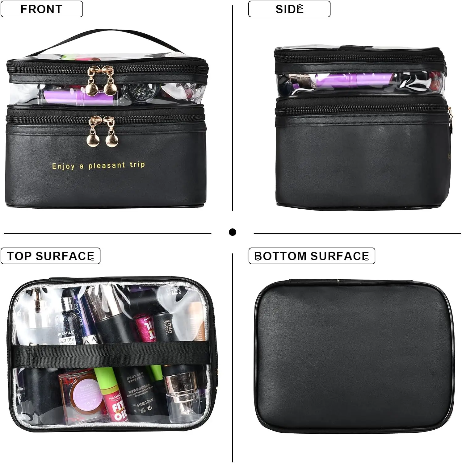 Waterproof Women makeup bag,Double layer transparent cosmetic bag,Portable Traveling Toiletries Organize Storage Make Up Case Tr