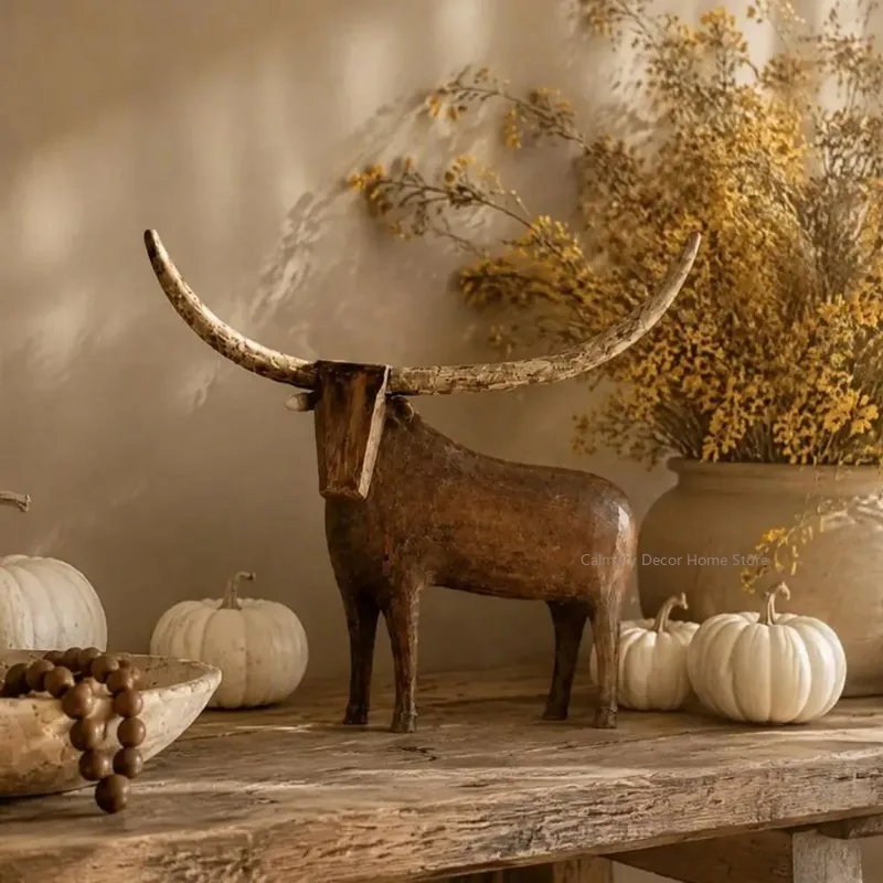 Vintage Longhorn Bull Sculpture Rustic Animal Figurine Western Style Decorative Statue for Shelf Mantel Home Decor