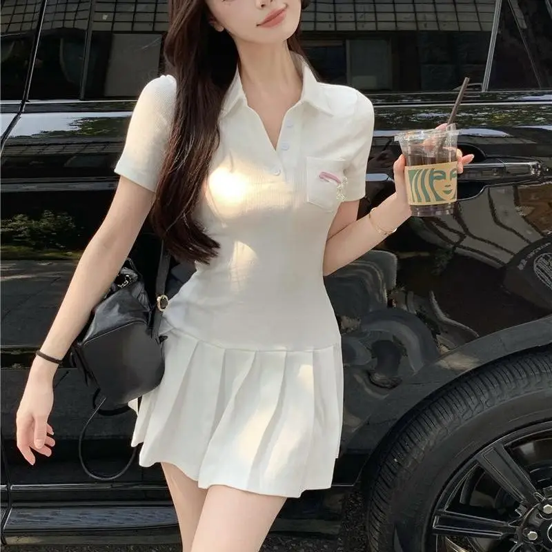 Lapel Button Pocket + Bear Pin Pleated A-Line Mini Female Dress Summer 2023 New Slim Sweet Spice Girl Fashion Casual Short Skirt