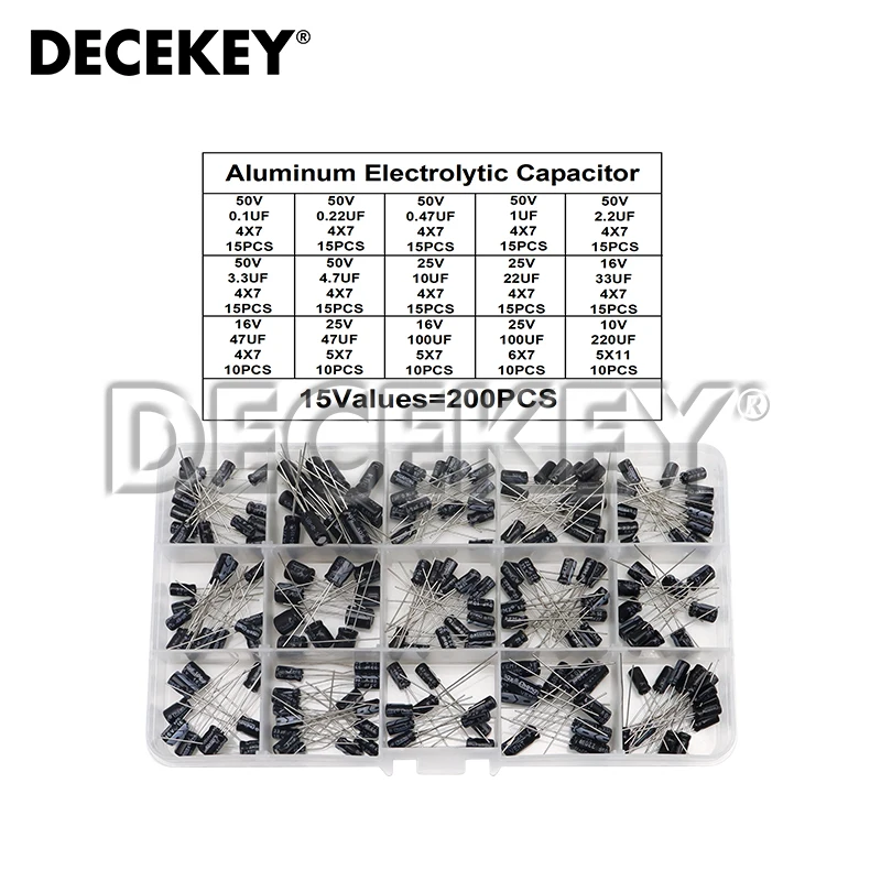 200pcs Electrolytic Capacitor Assorted Kit 15Values 0.1UF - 220UF 10V 16V 25V 50V 100UF 47UF 22UF 10UF Aluminum Capacitance Box