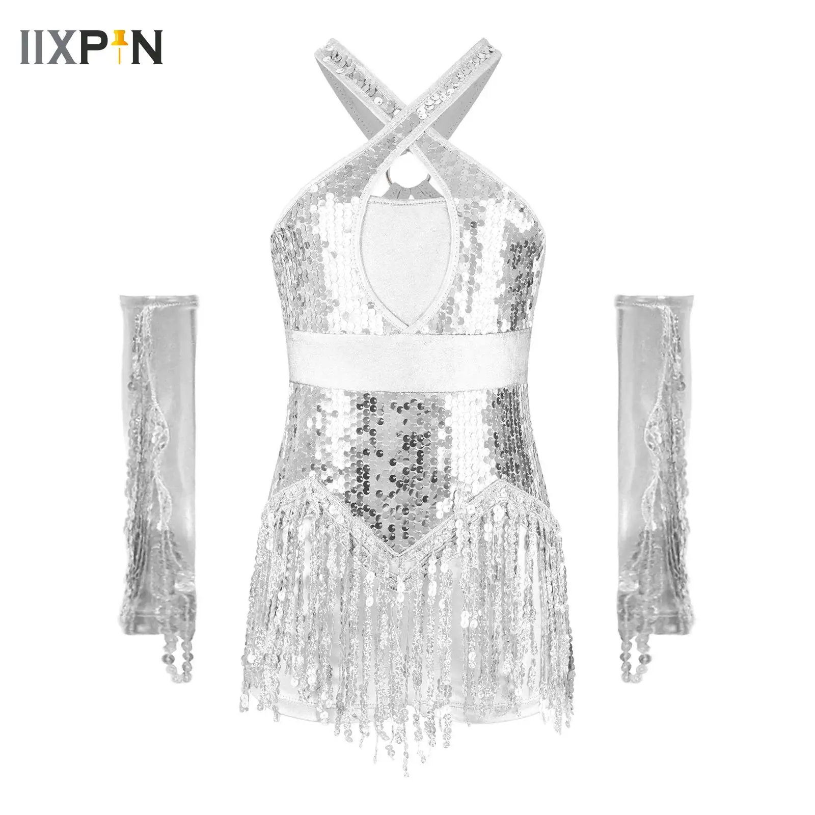 Crianças meninas lantejoulas dança jazz latino collant vestido com luvas cha-cha rumba samba tango bodysuit palco desempenho dancewear