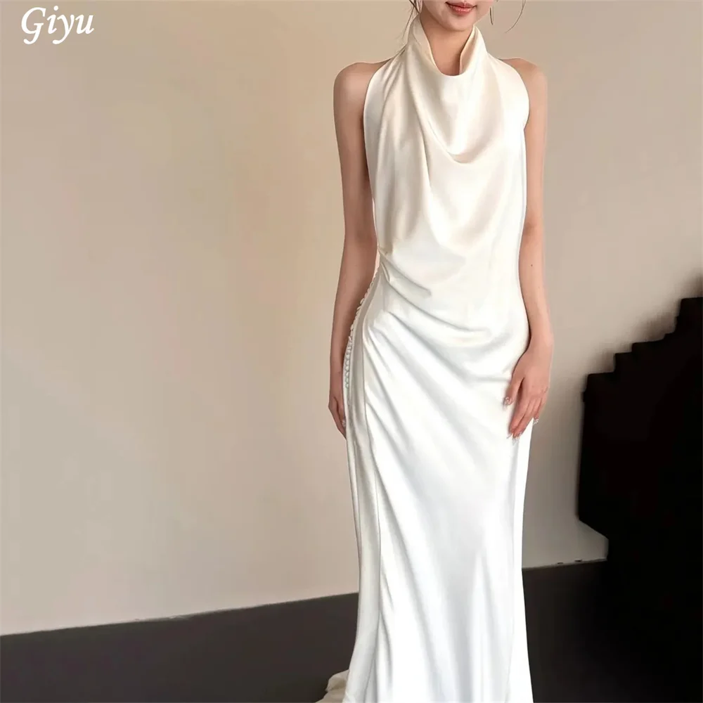Giyu Elegant Halter Satin Korea Wedding Dress Photo Shoot Sleeveless Floor-Length backless Bridal Gown 웨딩드레스 Customized