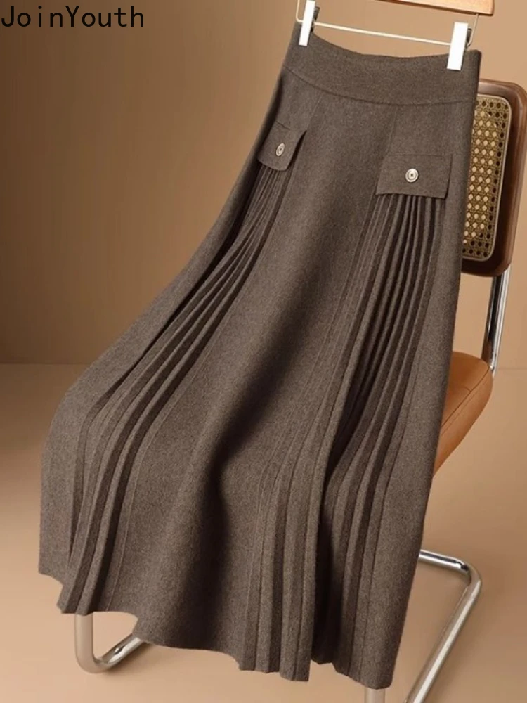 Vintage Skirts for Women High Waist A-line Jupe 2025 Faldas Mujer De Moda Thicked Korean Loose Saia Knitted Pleated Long Skirt