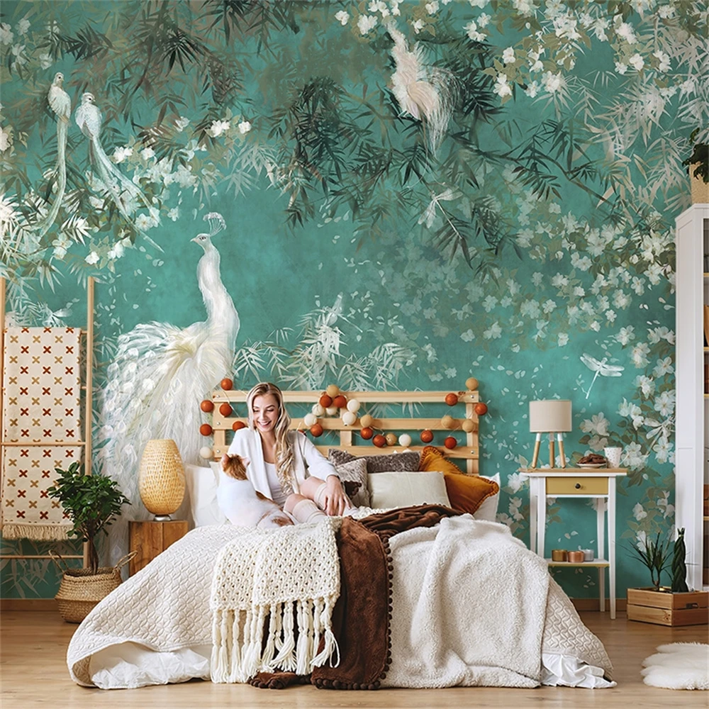 custom green branches 3d Wall paper Home Decor art Stickers Hotel Background Modern Peacock Mural 3D wallpaper for Living Room