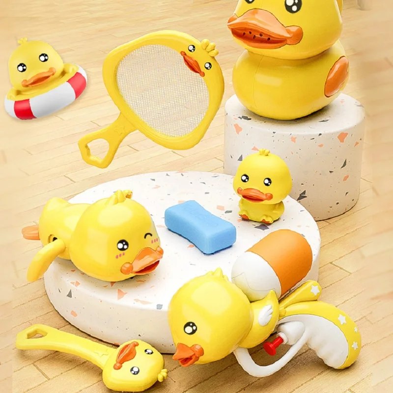 Mini Yellow Rubber Duck Baby Bath Toy Set with Rinse Shampoo Cup Swim Bathroom Play Floating Water Spray Gun Kid Toddler Shower