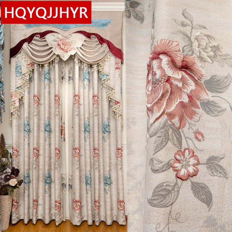 

Top Europe 3D Jacquard Full Blackout Decoration Living Room Curtains High Quality Beige Villa Apartment Curtains For Bedroom