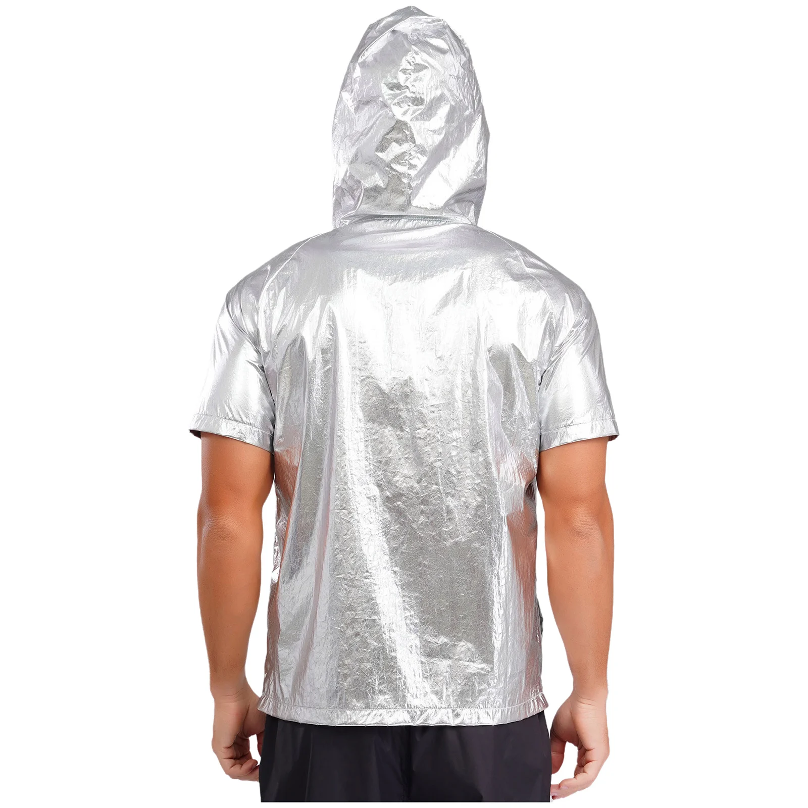 بلوفر بغطاء للرأس معدني أنيق للرجال بأكمام قصيرة وسحاب وغطاء للرأس وخفيف الوزن لمهرجان موسيقى الرقص والديسكو