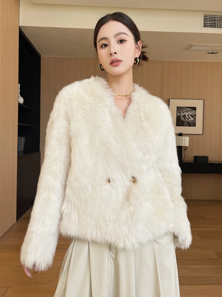 

High-end Luxury Toscana Lamb Fur Shearling Jackets for Women 2026 New Simple V-neck Short Winter Genuine Leather Real Fur Coat