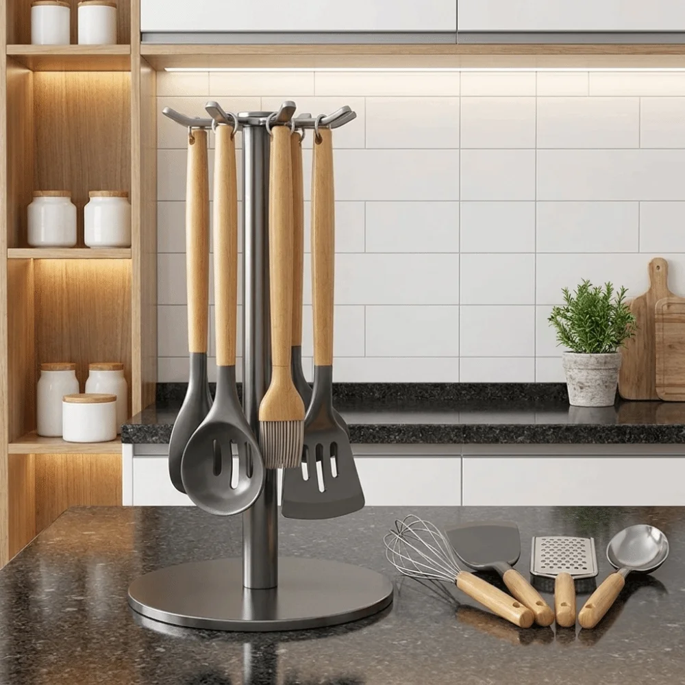 Large Capacity Rotating Utensil Storage Rack Space Saving Anti Slip Spatula Spoon Storage Rack Stable with 8 Hooks