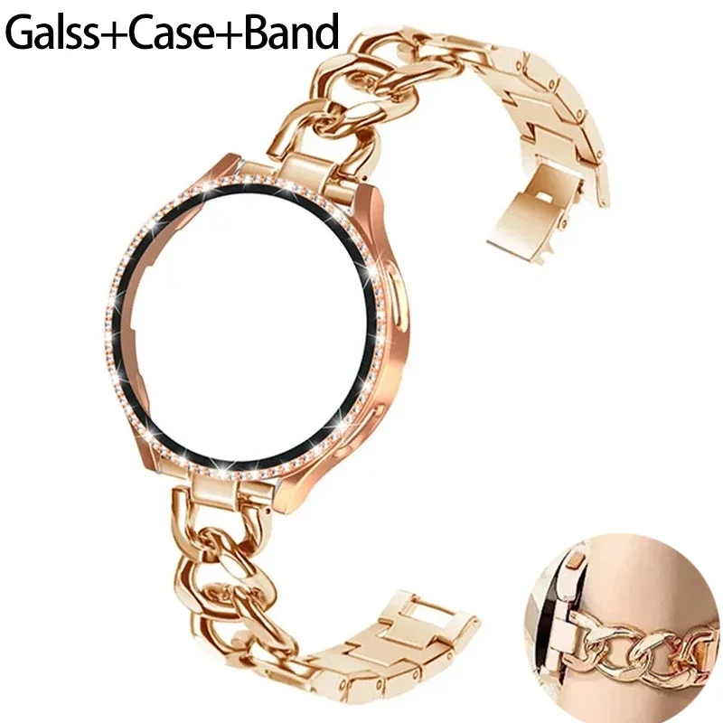 Bling Case+Bracelet for Samsung Galaxy Watch 7 6 5 4 40 44mm Metal Cowboy Chain Strap Screen Protector Galaxy Watch 4 5 6 7 Band