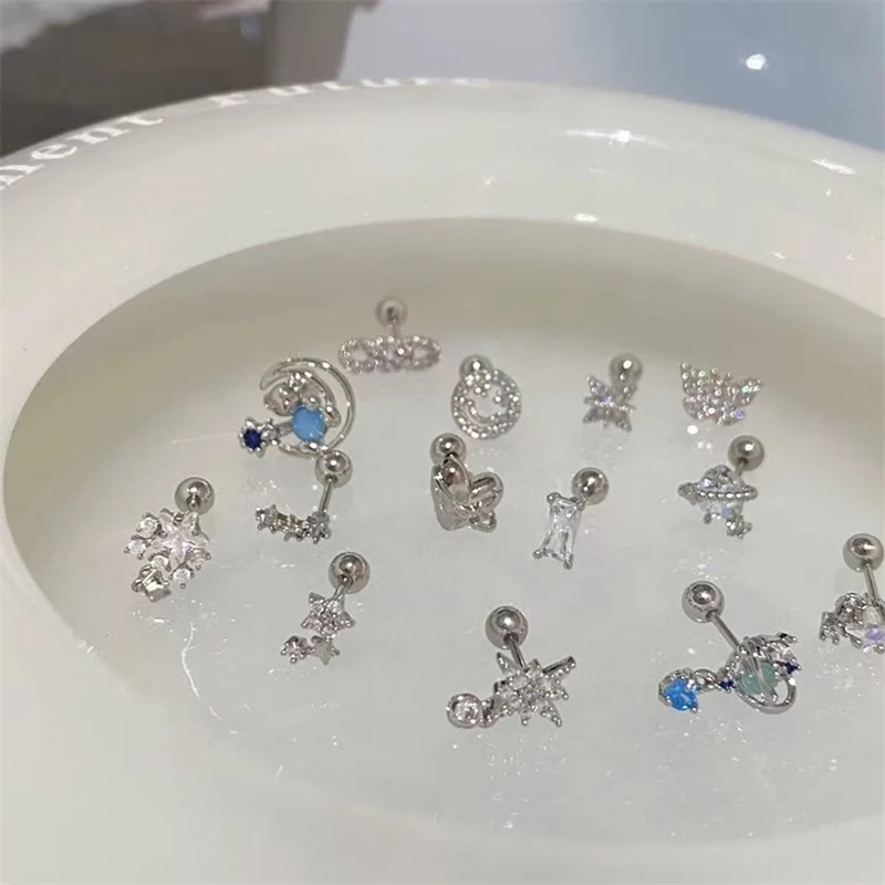 1pcs New Fashion Bling Zircon Star Heart Ear Bone Nail Inoxidable Stainless Steel Punk Earrings For Women Exquisite Jewelry Gift