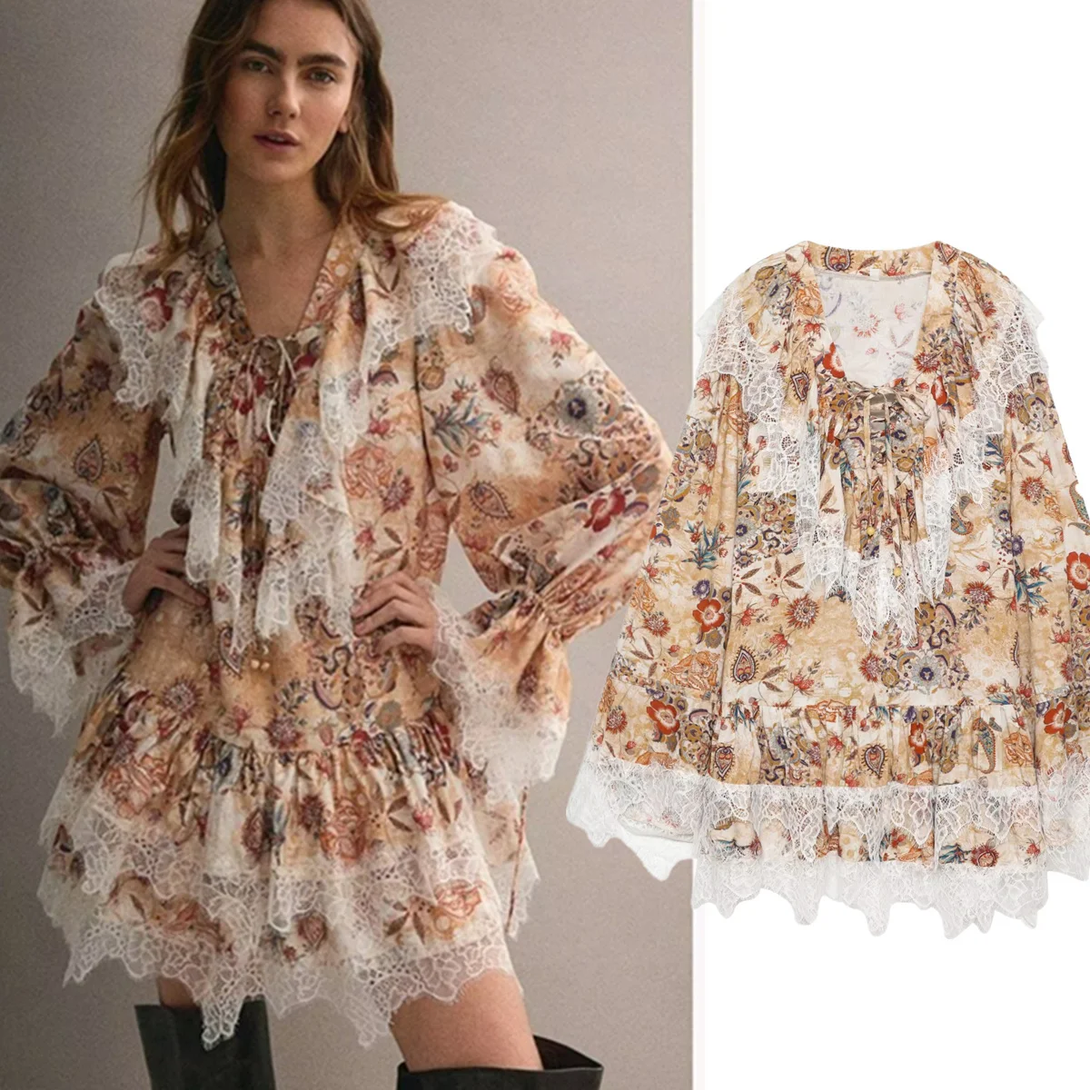 

Jenny&Dave Lace Dress,Elegant Party Dresses,Vestidos Womens Dresses 2026 Summer Indie Folk Paisley Print V-neck Mini Dress