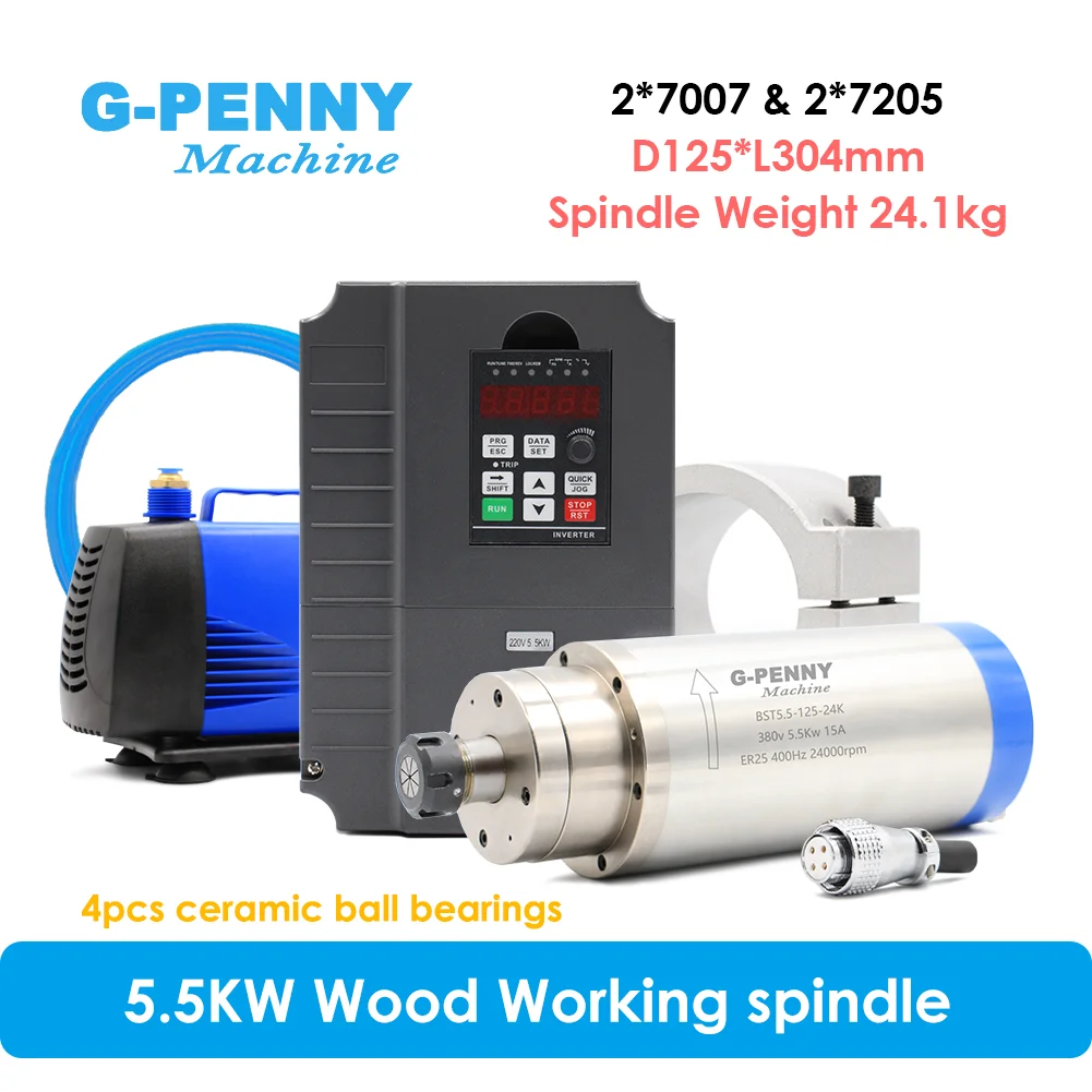 G‑Penny 5.5KW ER25 Water‑Cooled CNC Spindle Motor Kit 24000rpm Ceramic Ball Bearings For Wood Stone Router & Inverter & Bracket