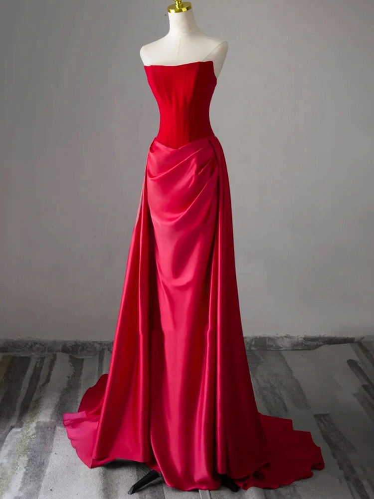 

Ele Red Evening Gown with Train for Women Engagement Wedding Dr Long Svel Korean Sle mid Waist Zipper Ba