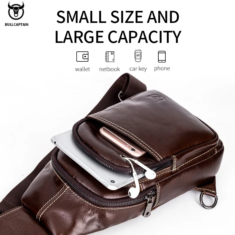 BULLCAPTAIN Men\'s Genuine Leather Chest Bag Multifunctional 8-inch Large Capacity Tablet Bag Retro Single Room Crossbody Bag