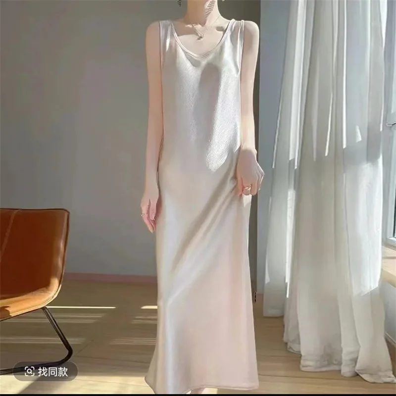 Female Fashion Large Size 5XL Casual Maxi Dress Women High-end Acetate Satin Long Dresses Ladies Round Neck Sleeveless Vestidos
