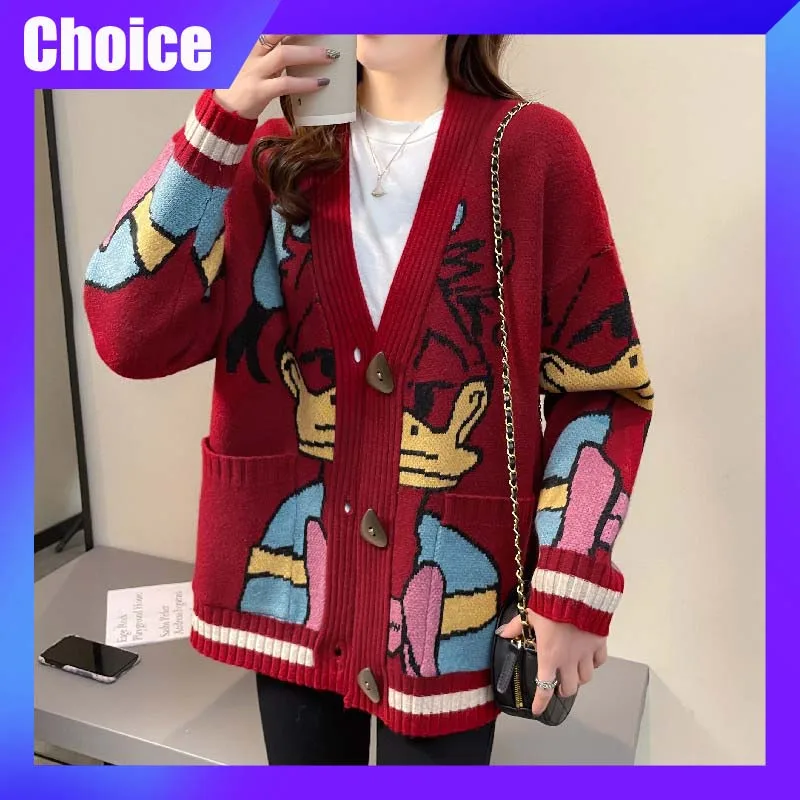 

Disney Donald Duck Sweater Anime Cartoon Women's Coat Autumn/winter Loose Cardigan Knitted Sweater Top Clothing Gift Girl