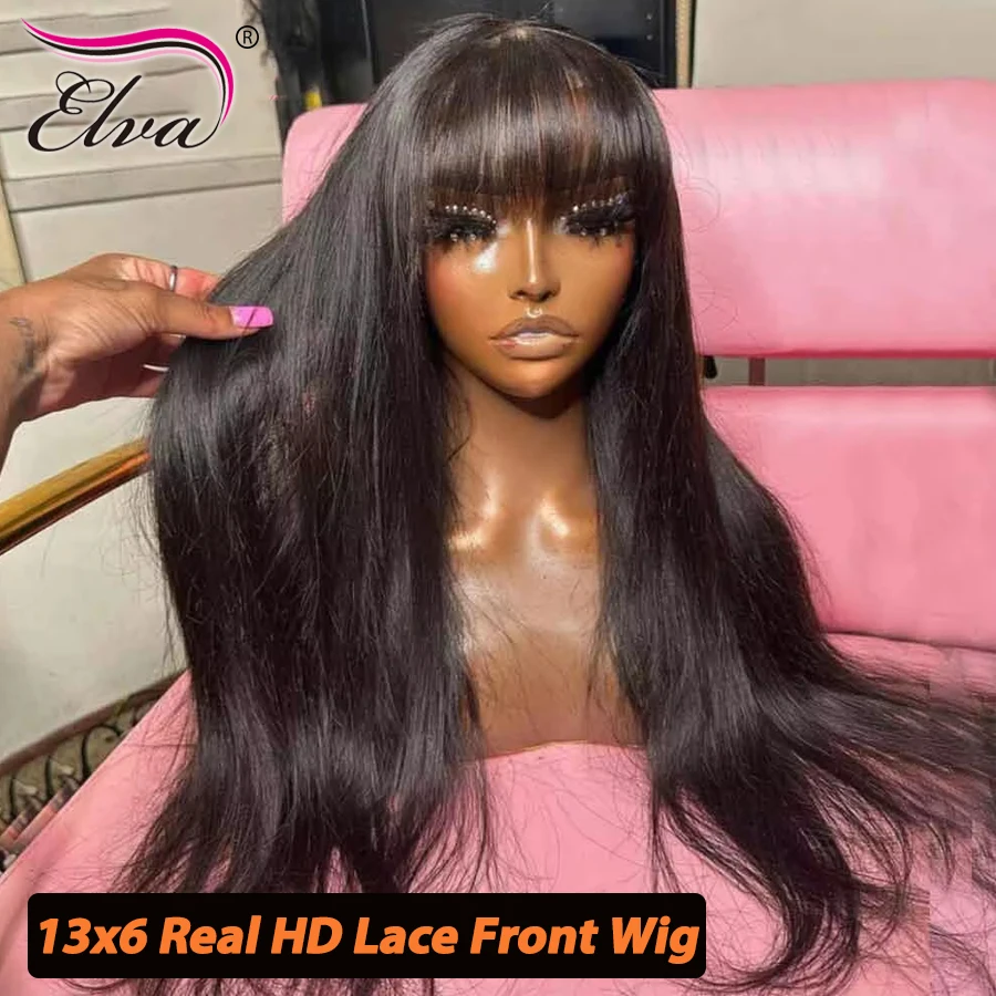 Elva الطبيعية الأسود بانج HD الدانتيل الجبهة الباروكات قبل قطعها مستقيم غلويليس HD الدانتيل إغلاق شعر مستعار ابيض عقدة HD الباروكات للنساء