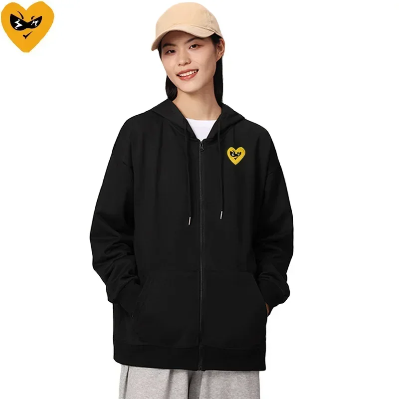 Break Egg Women Zipper Hoodie Cotton Cartoon Cute Glasses Heart Embroidery Pocket Loose Fleece Casual Autumn Sweater