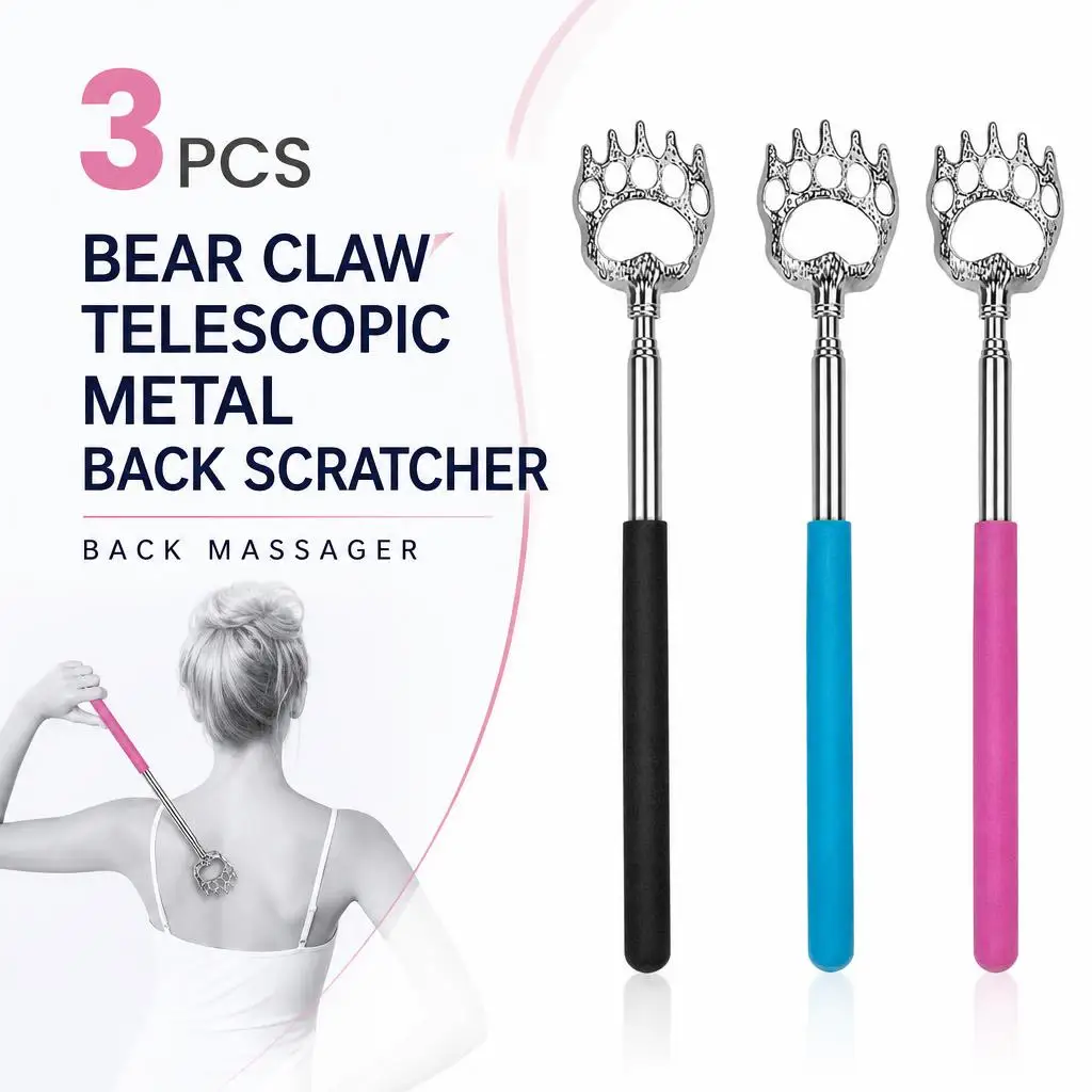 3-Piece Set of Bear Claw Style Retractable Metal Back Scratchers, Back Massager, Massager Kit, with Adjustable Length for Itch Relief.