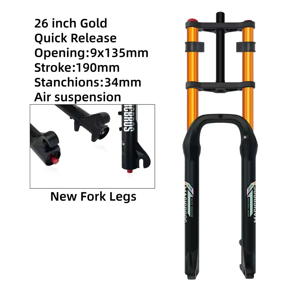 MAGICBROS 20"/26" *4.0 Dual Schouder Luchtvork voor Strand Sneeuwfiets Elektrische fietsen Dubbele Kroon Vork QR/Thru-As Reizen 190MM