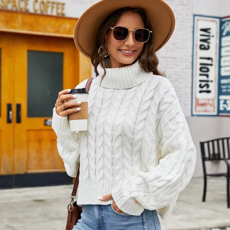 Women Clothing Rough Twist Turtleneck Sweater Loose Casual Knitted Pullover Long Sleeve Short Coats Autumn Winter Tops Solid