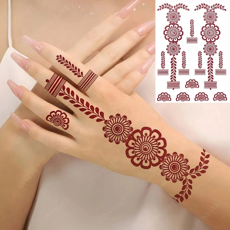 Maroon Henna Tattoo Stickers for Hand Foot Flower Temporary Tattoos for Wedding Party Brown Fake Tattoo for Women Body Art