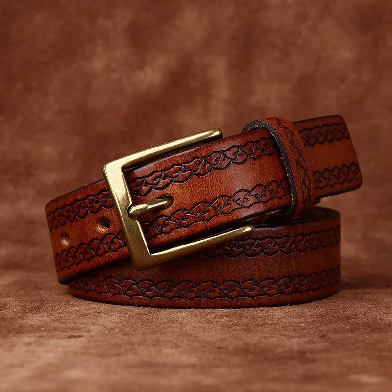 Ремень из воловьей кожи растительного дубления, женская натуральная кожа, модная повседневная индивидуальность, ремень с тиснением в стиле ретро