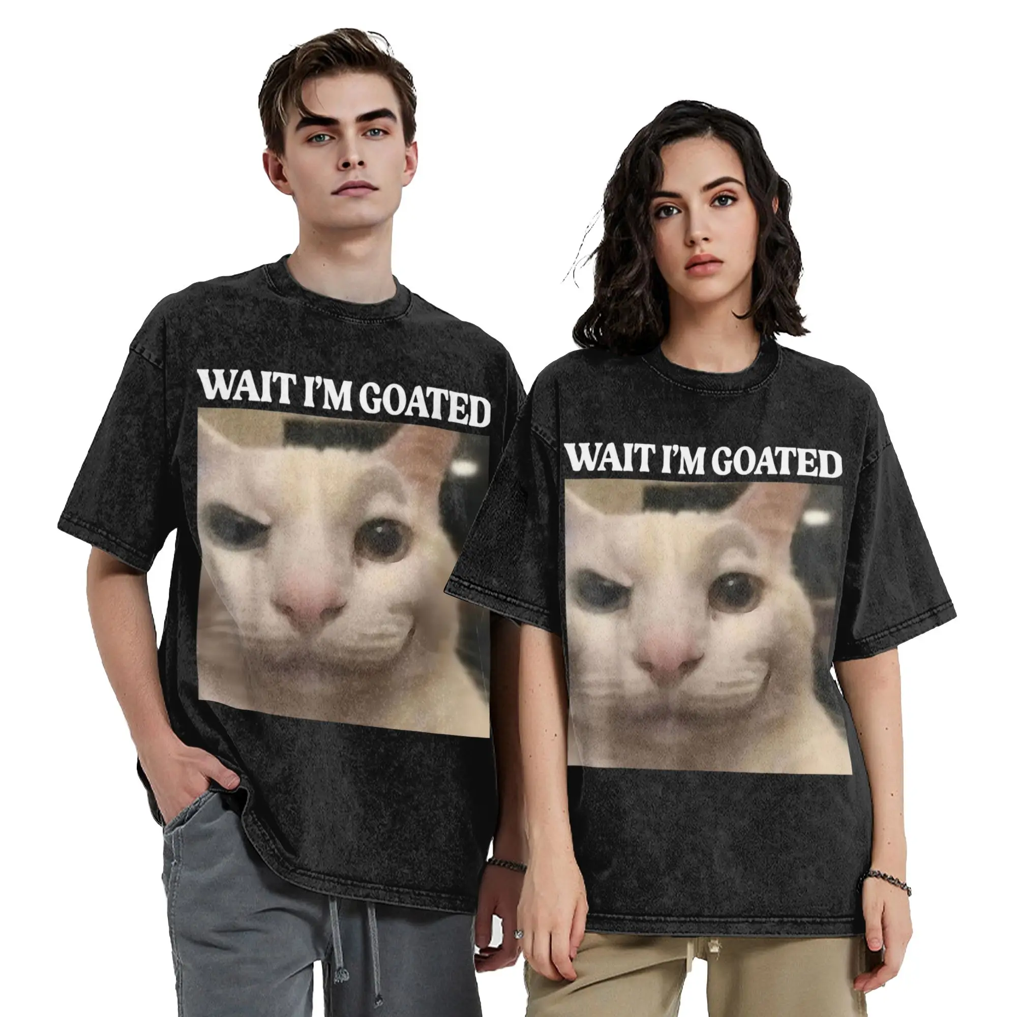 Washed T Shirt Wait I'm Goated Cat Silly Cat Meme Hip Hop Retro T-Shirts Oversize  Streetwear Cotton Tee Shirt for Men Women