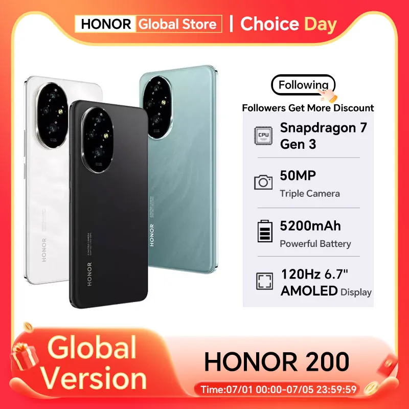 HONOR 200 Global Version 5G Smartphone 6.7'' AMOLED Display Snapdragon 7 Gen 3 5200mAh Battery HONOR 100W SuperCharge 50MPCamera