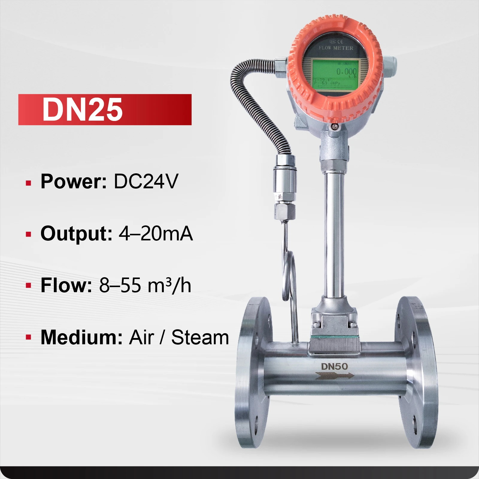 Meter 304SS Flange 4‑20mA RS485 Modbus High‑Temp Steam/Air/Gas Temp & Pressure Compensated
