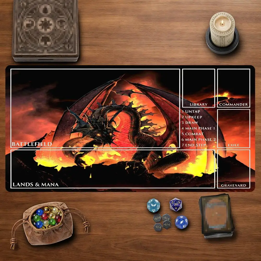 Volcano Black Fire Dragon TCG Playmat 35X60CM Lava Winged Beast Magic Card Mat Non-Slip Durable Stitched Edge Tabletop Playmat