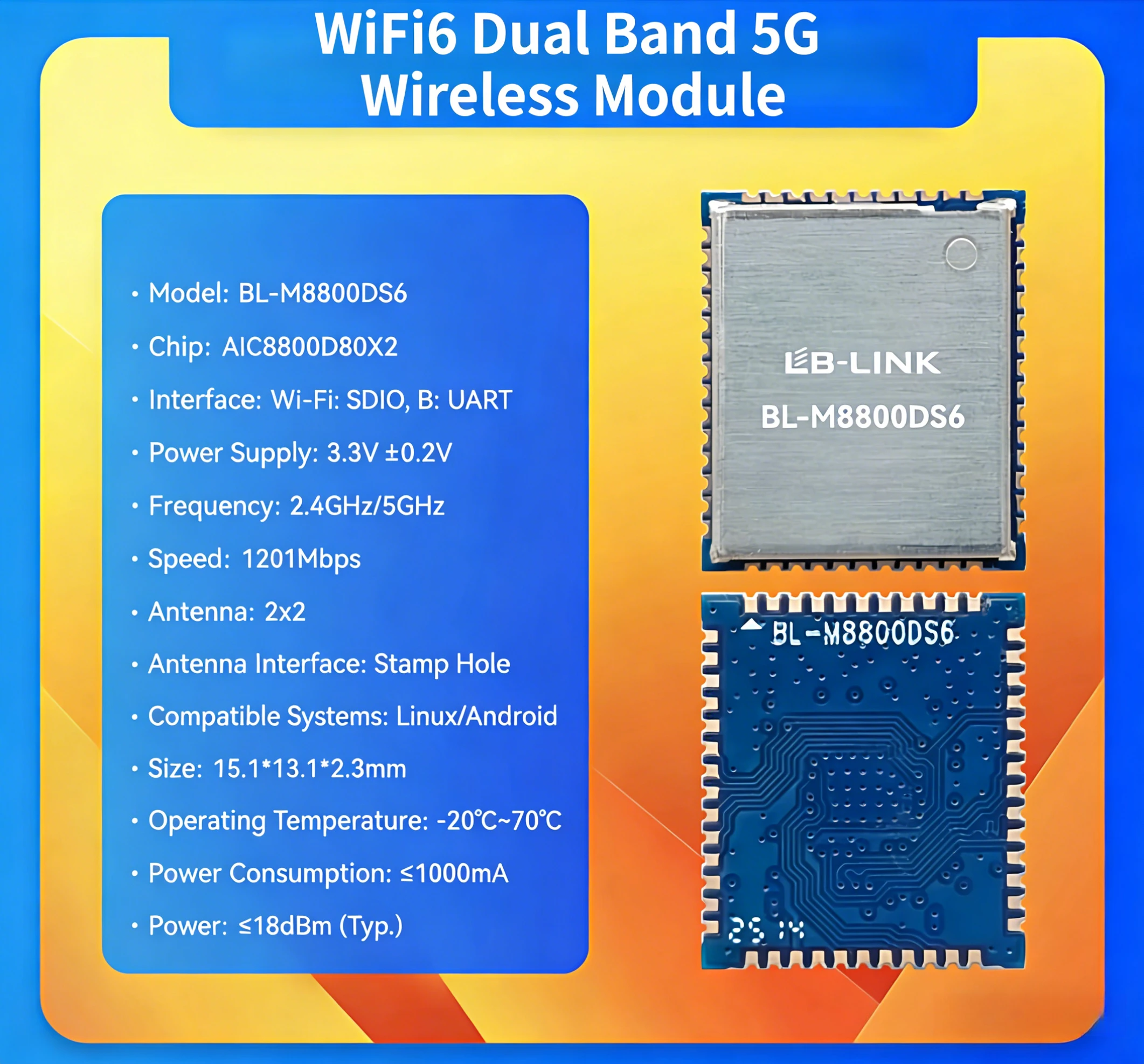 BL-M8800DS6 WiFi6 Module wih AIC8800D80X2 Chip Dual Band 5G Gigabit Wireless Video Transmission 2T2R BT