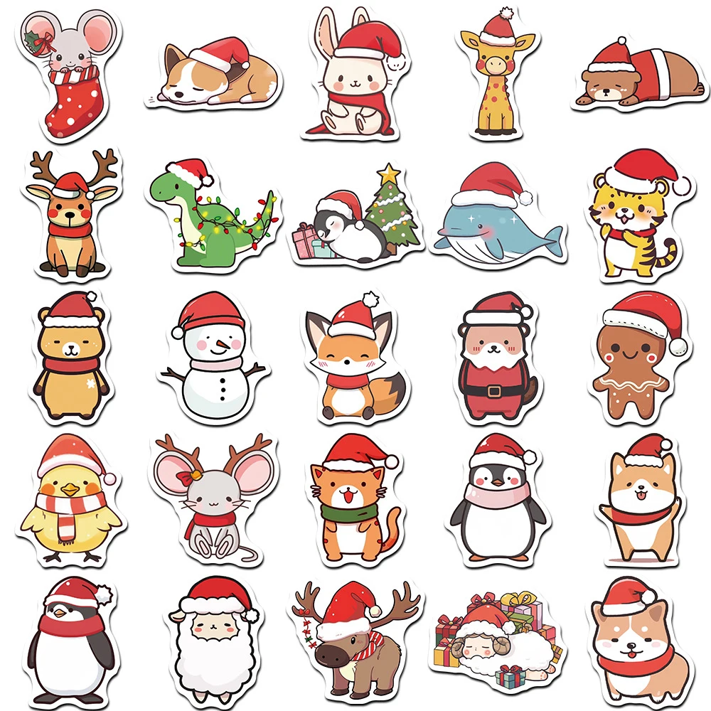 Engraçado bonito Natal Animal Cartoon adesivos, decalques, laptop, mala, notebook, telefone, carro, papelaria, brinquedos para crianças, 10 pcs, 30 pcs, 50pcs