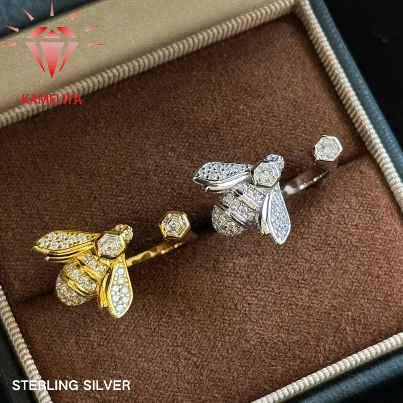 

KAMELIYA Honeycomb Open Ring Bee Wedding Band S925 Silver Adjustable Zircon Ring for Women Gold Plated Party Fine Jewelry Gift