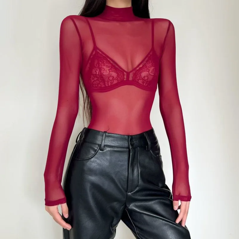 

Сексуальный прозрачный комбинезон с длинными рукавами из сетки, женская базовая футболка, облегающая футболка-боди с высоким воротом для весны, утягивающая фигуру