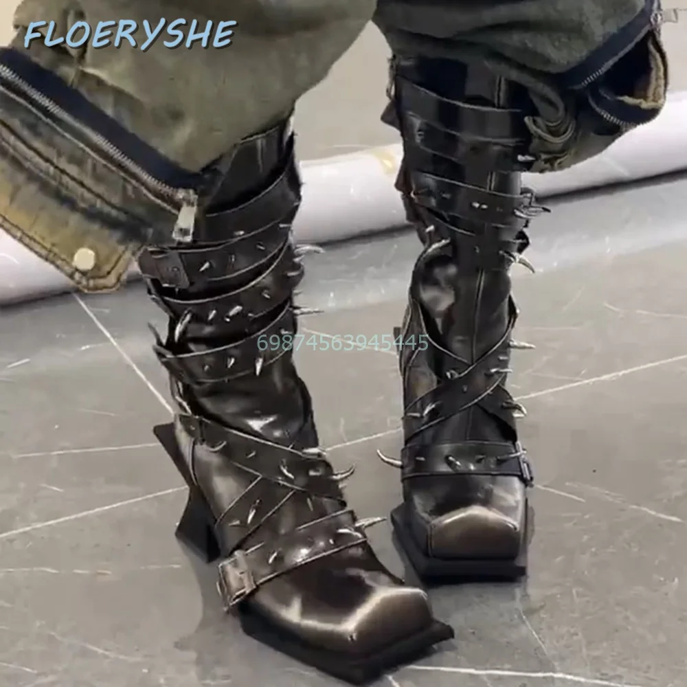 Rivet Punk Thick Boots Mid-calf Cross-Tied Belt Buckle Zipper Winter Women Boots Sqaure Toe Special Heeled 2024 Fashion Shoes