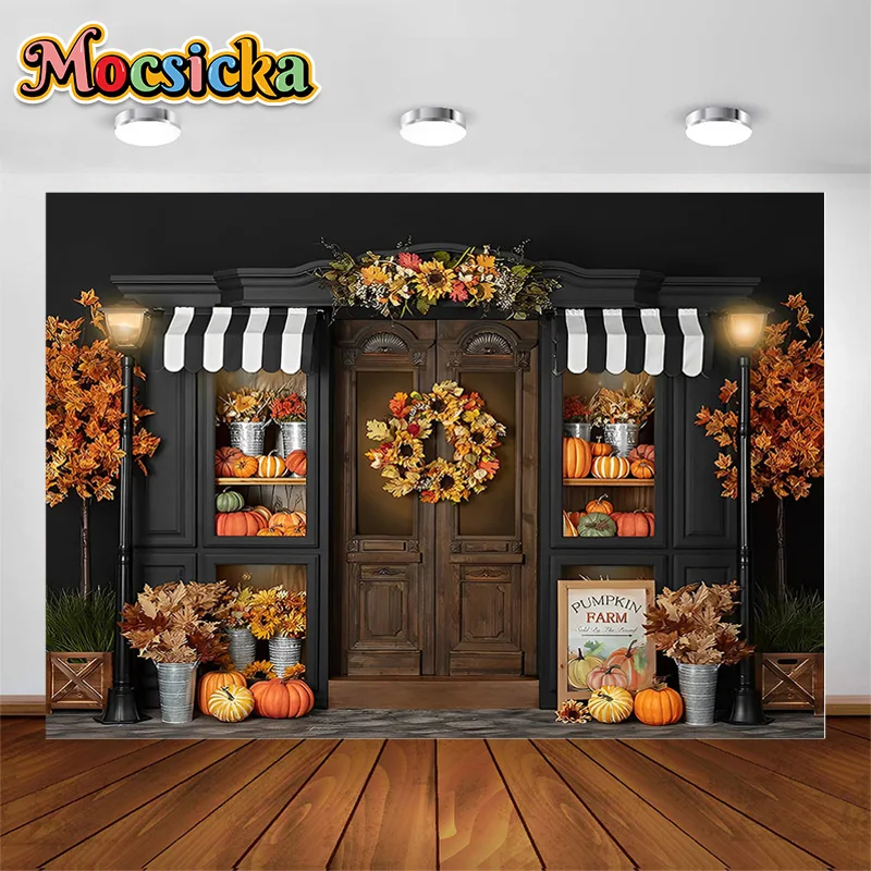 

MOCSICKA Vintage Shopp Cupboard Photography Backdrops Autumn Maple Leaves Wreath Pumpkin Farm Decor Background Photo Studio