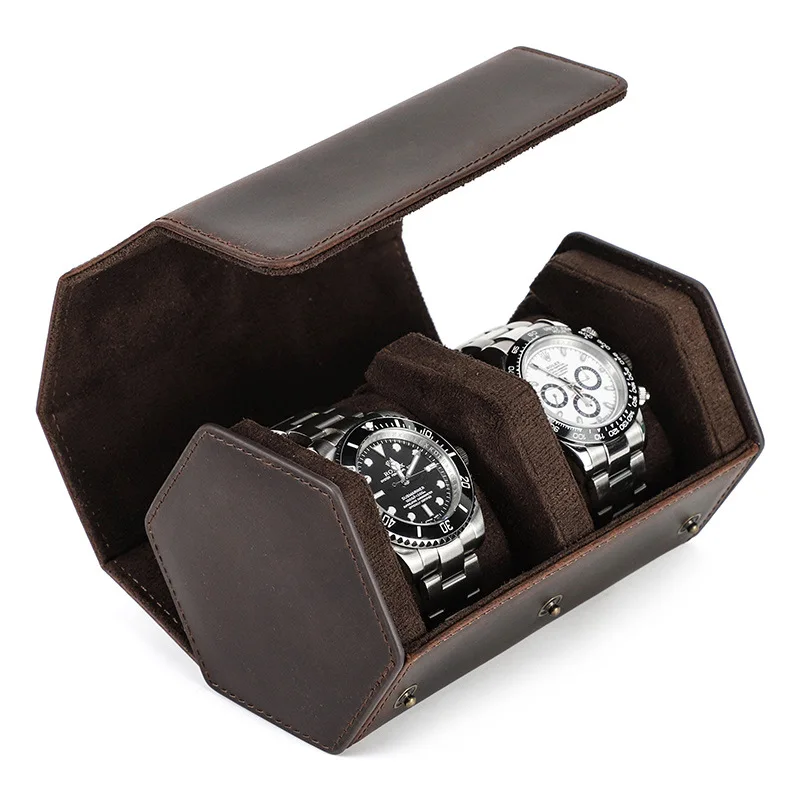 Hexagonal 2-Slot Couple Watch Case with Suede Lining Portable Travel Vintage Brown Genuine Cowhide Leather Watch Storage Box