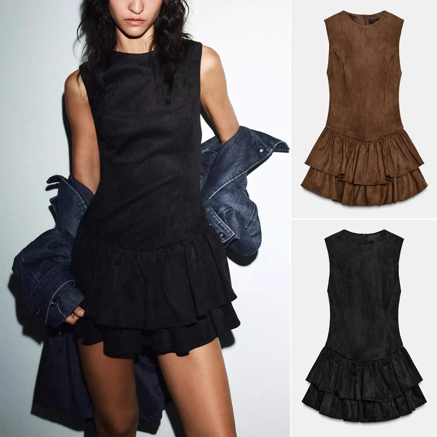 Winter New Women's Short Velvet Texture Sleeveless round Neck Layered Decoration Dress Casual Style A-Line Skirt Polyester