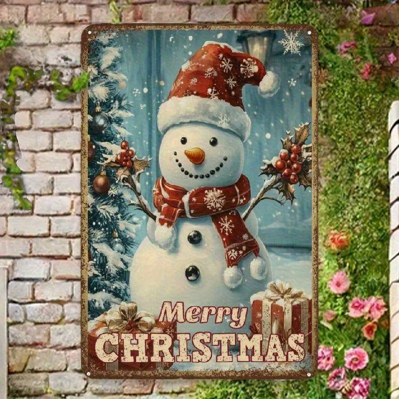 YNLLOOFA Retro Snowman Tin Sign - Vintage Christmas Tin Metal Wall Decor with Merry Christmas Text, Snowflakes & Presents - Indo