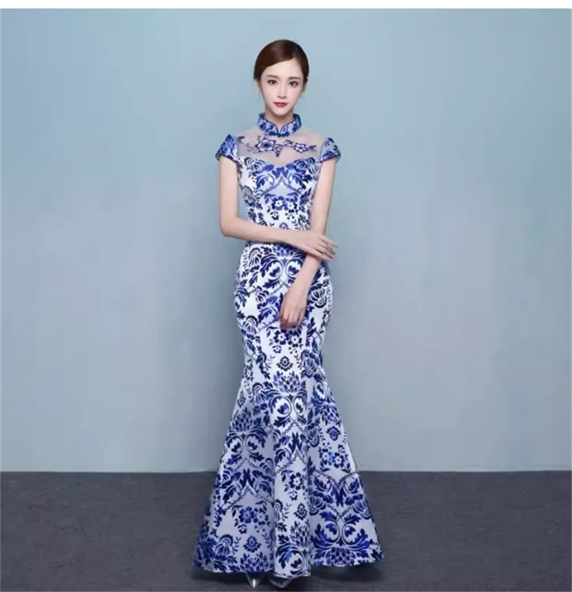 

Performance costume long blue Chinese style ceremonial dress for women