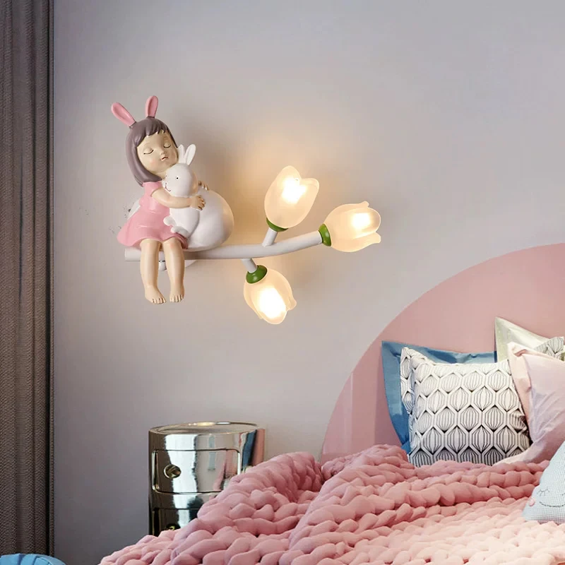 Children's Room Princess Room Bedside Wall Lamps Resin Girl Glass Flower Lamp LED Modern Warm Baby Room Girl Bedroom Wall Lights