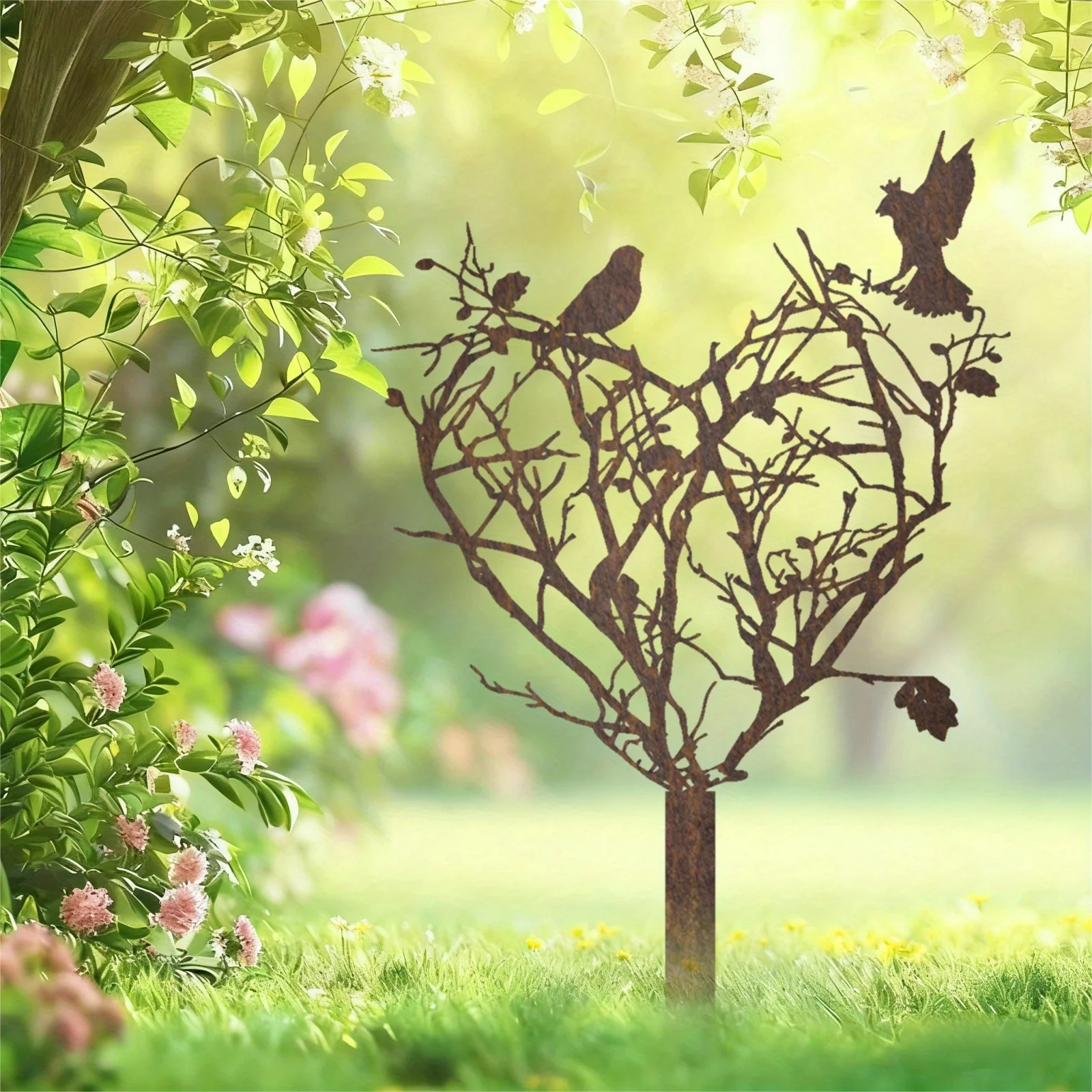 2D Flache Gartenfigur aus Eisen, Rostbeschichtete Herz-Skulptur, Rustikale Vögel & Äste, Einzelstück für Außendekoration